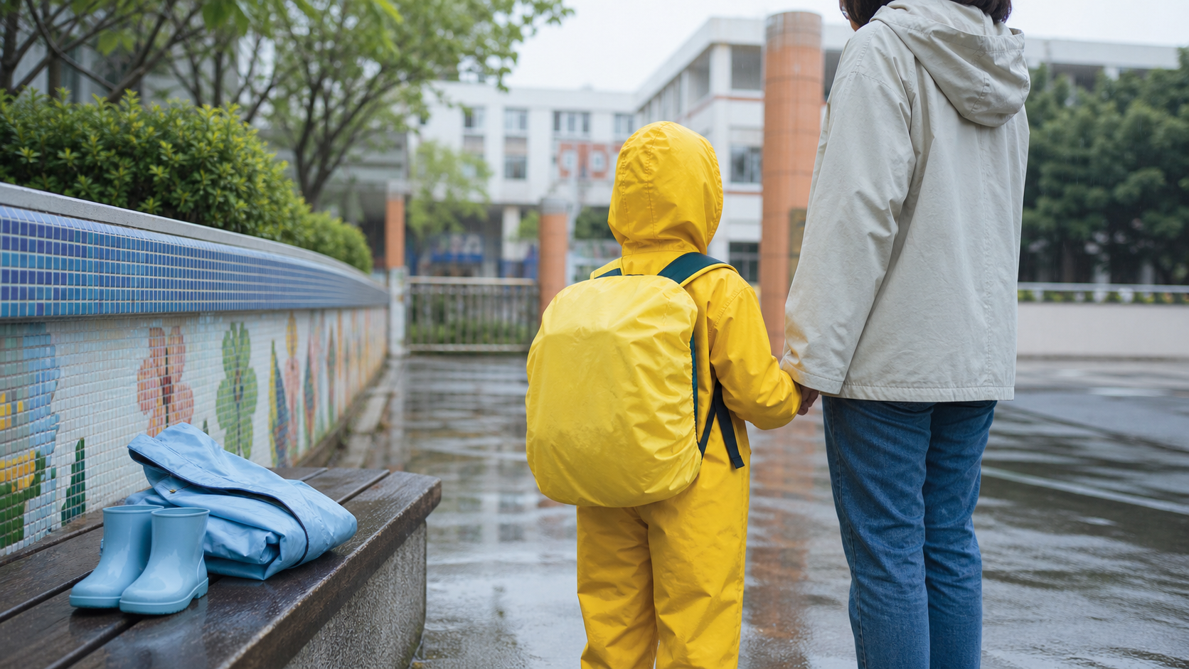 下雨天校門口,孩子穿著亮黃色雨衣背書包,長椅上放著折好的兩件式雨衣與雨鞋