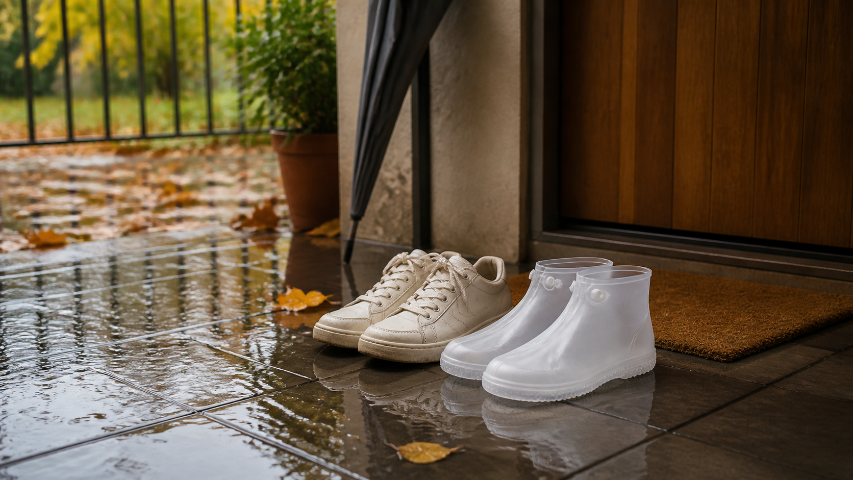雨天公寓門口,球鞋旁放著透明防水鞋套與雨傘的日常畫面