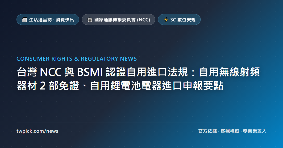 台灣 NCC 與 BSMI 認證自用進口法規:自用無線射頻器材 2 部免證、自用鋰電池電器進口申報要點